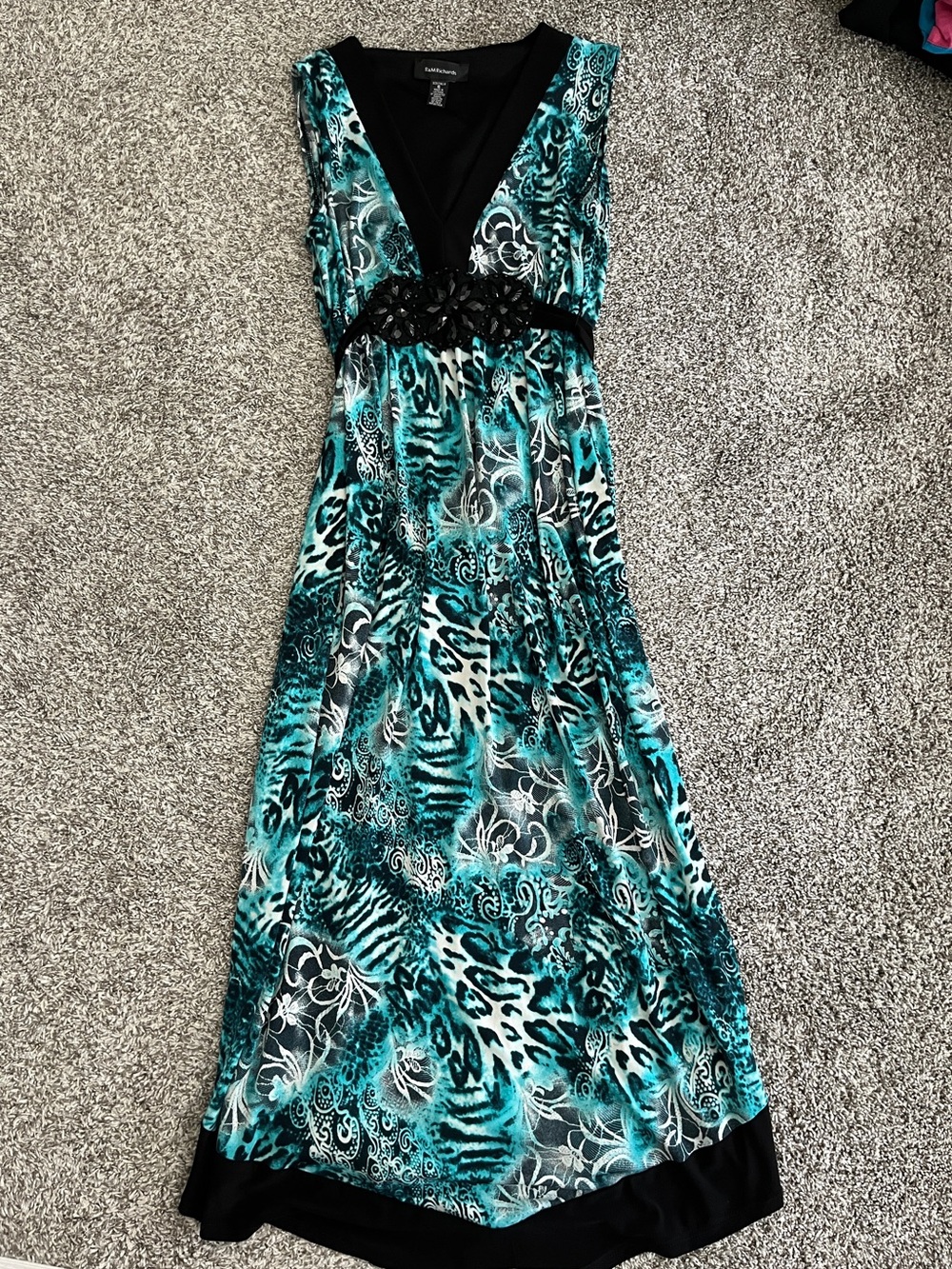 R&M Richards Blue and Black Animal Print Belted V-Neck Y2K Dress